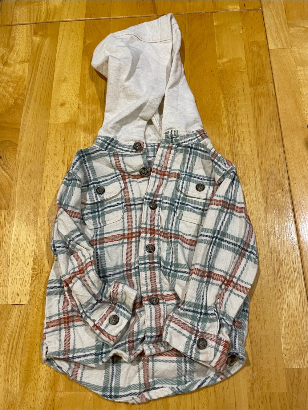 Plaid Hooded Button-Up Shirt Jacket - Cream, Green & Rust